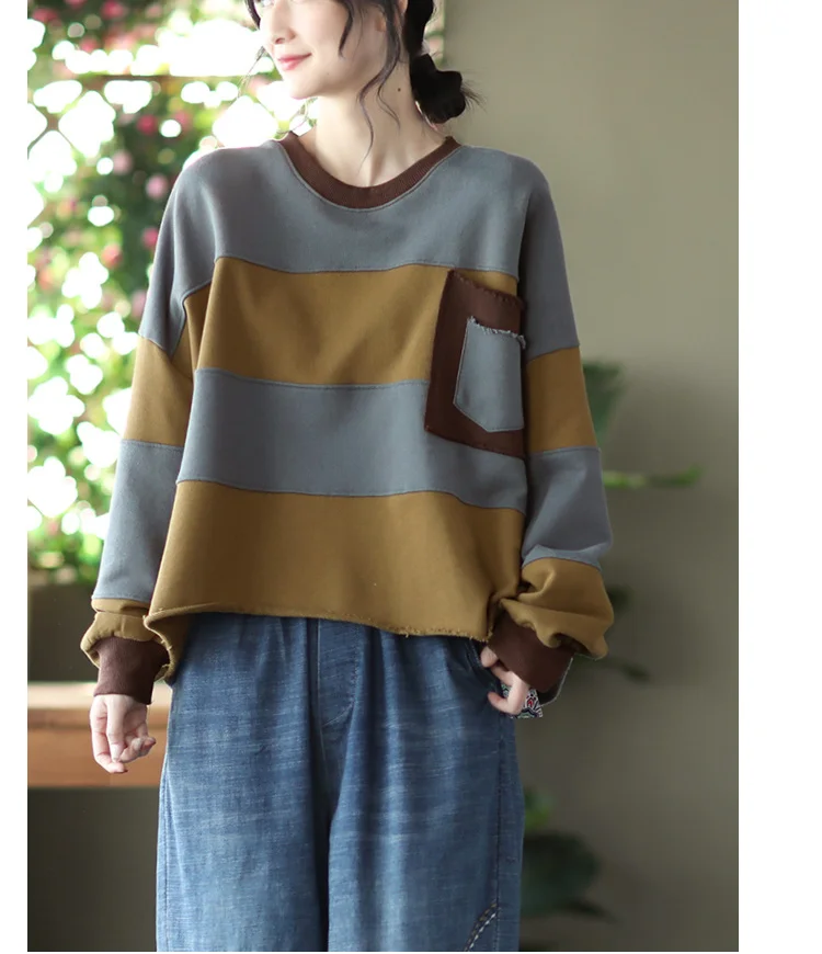 Amax LuluE Womens Loose Leisure O-Neck Design Hoodies Spring British Style Vintage Patchwork Sweatshirts Striped Street Clothes