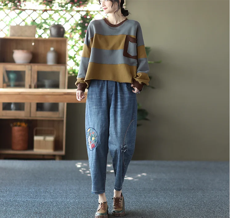 Amax LuluE Womens Loose Leisure O-Neck Design Hoodies Spring British Style Vintage Patchwork Sweatshirts Striped Street Clothes