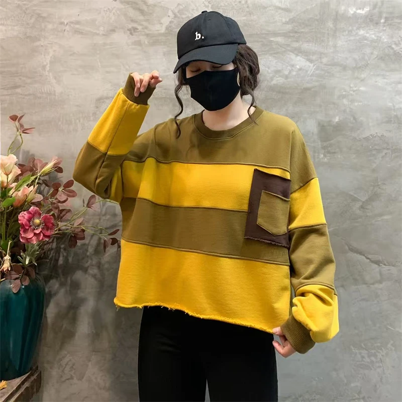 Amax LuluE Womens Loose Leisure O-Neck Design Hoodies Spring British Style Vintage Patchwork Sweatshirts Striped Street Clothes