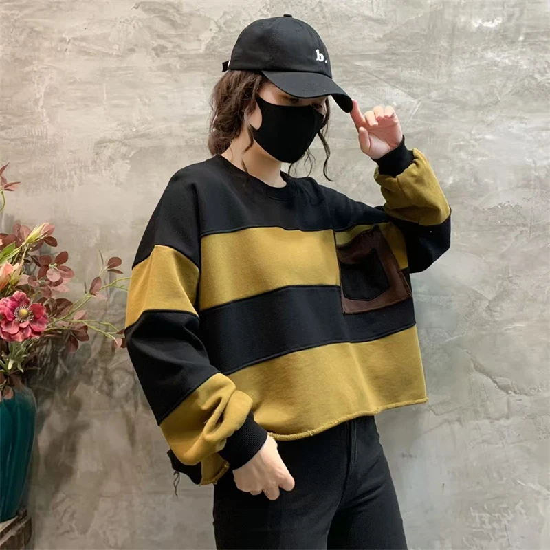 Amax LuluE Womens Loose Leisure O-Neck Design Hoodies Spring British Style Vintage Patchwork Sweatshirts Striped Street Clothes