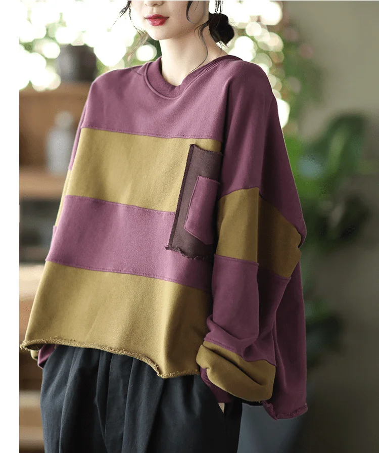 Amax LuluE Womens Loose Leisure O-Neck Design Hoodies Spring British Style Vintage Patchwork Sweatshirts Striped Street Clothes