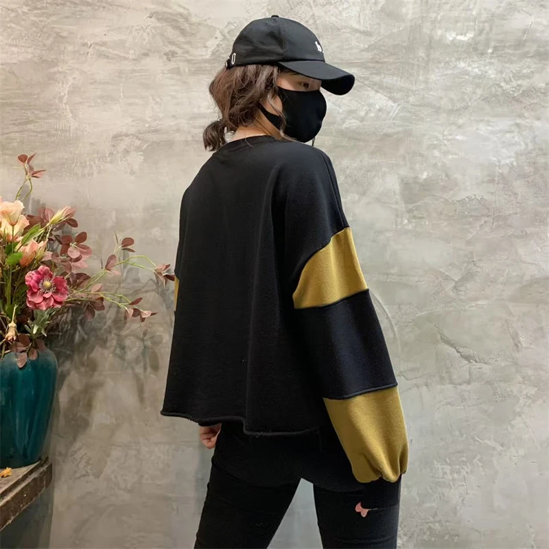 Amax LuluE Womens Loose Leisure O-Neck Design Hoodies Spring British Style Vintage Patchwork Sweatshirts Striped Street Clothes