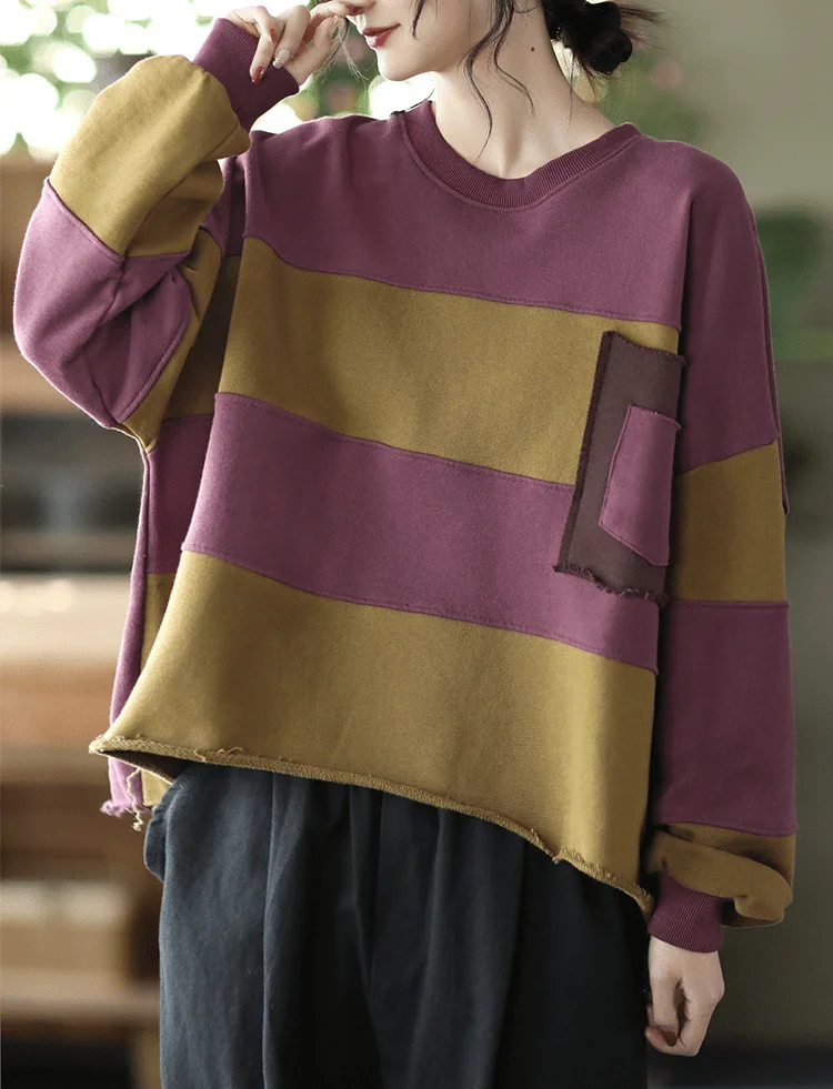 Amax LuluE Womens Loose Leisure O-Neck Design Hoodies Spring British Style Vintage Patchwork Sweatshirts Striped Street Clothes