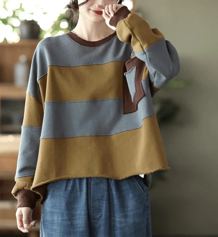 Amax LuluE Womens Loose Leisure O-Neck Design Hoodies Spring British Style Vintage Patchwork Sweatshirts Striped Street Clothes