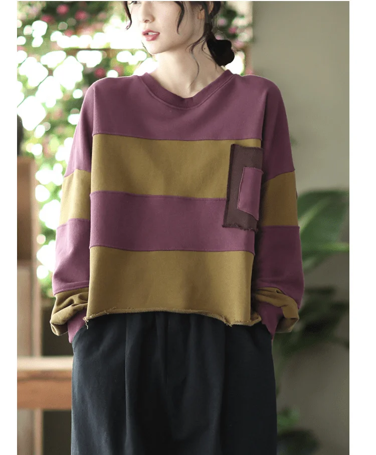 Amax LuluE Womens Loose Leisure O-Neck Design Hoodies Spring British Style Vintage Patchwork Sweatshirts Striped Street Clothes