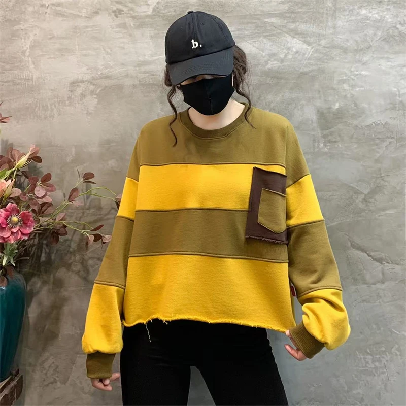Amax LuluE Womens Loose Leisure O-Neck Design Hoodies Spring British Style Vintage Patchwork Sweatshirts Striped Street Clothes