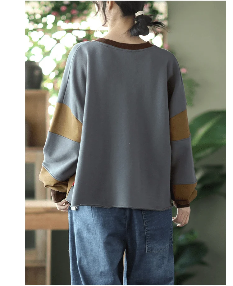 Amax LuluE Womens Loose Leisure O-Neck Design Hoodies Spring British Style Vintage Patchwork Sweatshirts Striped Street Clothes