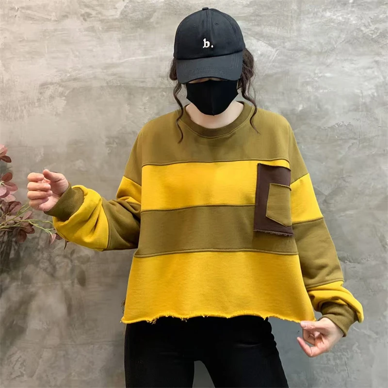 Amax LuluE Womens Loose Leisure O-Neck Design Hoodies Spring British Style Vintage Patchwork Sweatshirts Striped Street Clothes