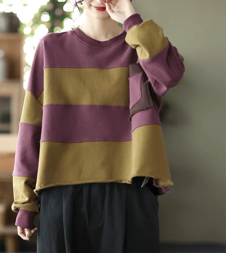 Amax LuluE Womens Loose Leisure O-Neck Design Hoodies Spring British Style Vintage Patchwork Sweatshirts Striped Street Clothes