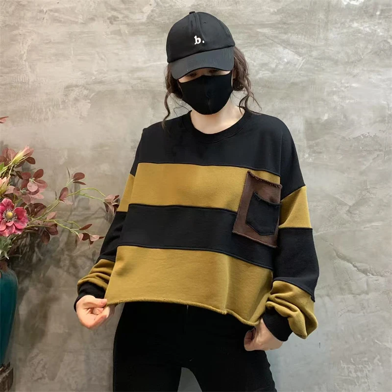 Amax LuluE Womens Loose Leisure O-Neck Design Hoodies Spring British Style Vintage Patchwork Sweatshirts Striped Street Clothes