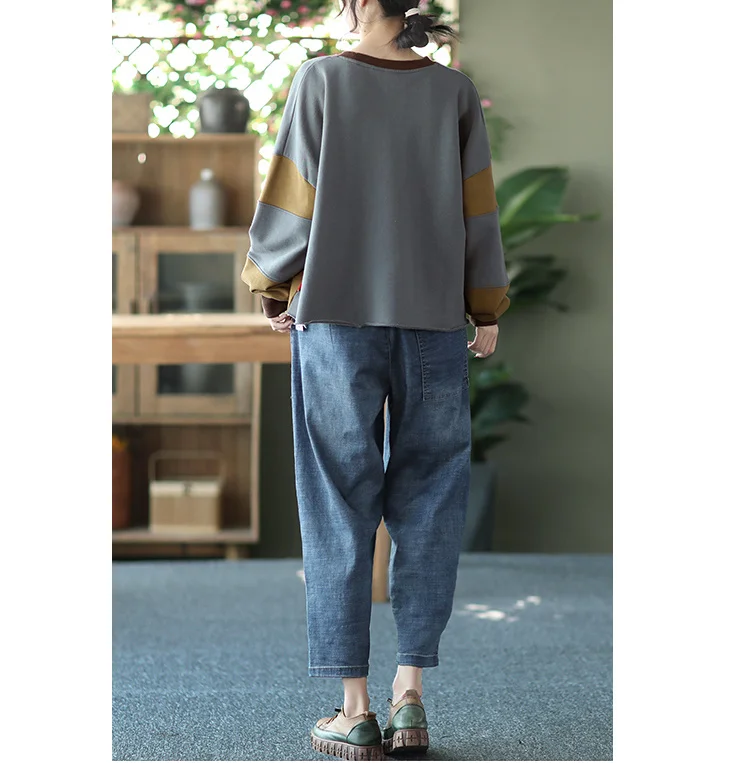 Amax LuluE Womens Loose Leisure O-Neck Design Hoodies Spring British Style Vintage Patchwork Sweatshirts Striped Street Clothes