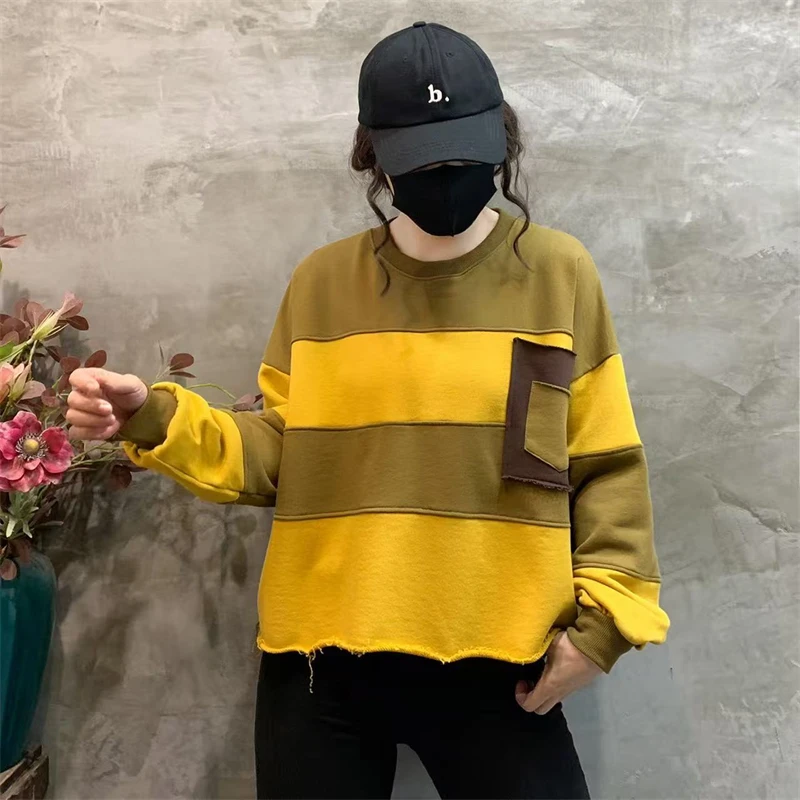 Amax LuluE Womens Loose Leisure O-Neck Design Hoodies Spring British Style Vintage Patchwork Sweatshirts Striped Street Clothes