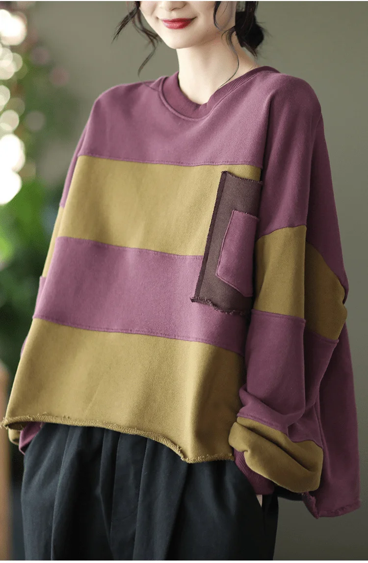 Amax LuluE Womens Loose Leisure O-Neck Design Hoodies Spring British Style Vintage Patchwork Sweatshirts Striped Street Clothes