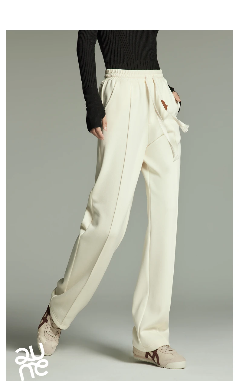 Toyouth Women Plush Thicken Sweatpant 2024 Winter Drawstring Waist Straight Loose Wide-leg Trousers Casual Apricot Black Pants