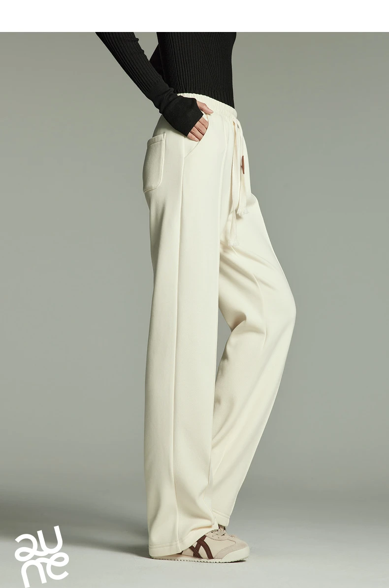 Toyouth Women Plush Thicken Sweatpant 2024 Winter Drawstring Waist Straight Loose Wide-leg Trousers Casual Apricot Black Pants
