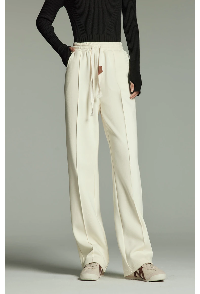Toyouth Women Plush Thicken Sweatpant 2024 Winter Drawstring Waist Straight Loose Wide-leg Trousers Casual Apricot Black Pants