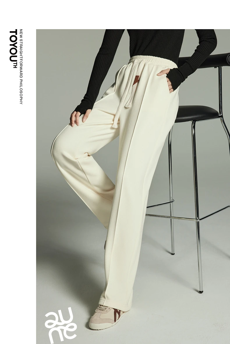 Toyouth Women Plush Thicken Sweatpant 2024 Winter Drawstring Waist Straight Loose Wide-leg Trousers Casual Apricot Black Pants