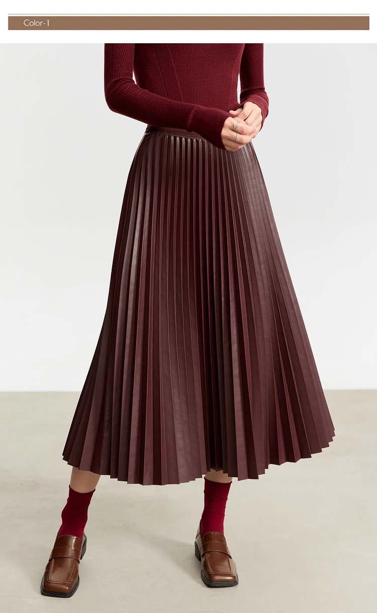 AMII Minimalist Retro Fashion Women Skirts 2024 Winter New A-line Pleated PU Simple Office Lady Leather Skirt Female 12323021