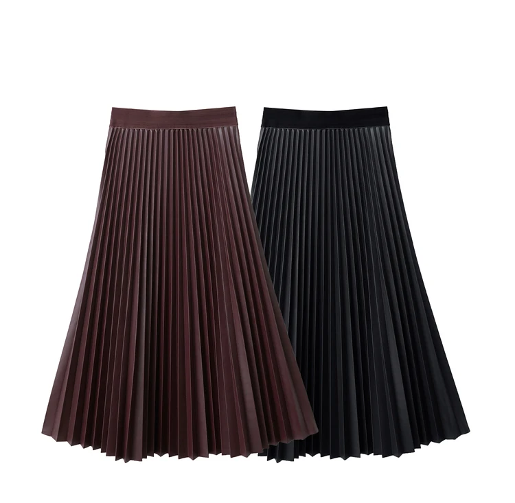 AMII Minimalist Retro Fashion Women Skirts 2024 Winter New A-line Pleated PU Simple Office Lady Leather Skirt Female 12323021