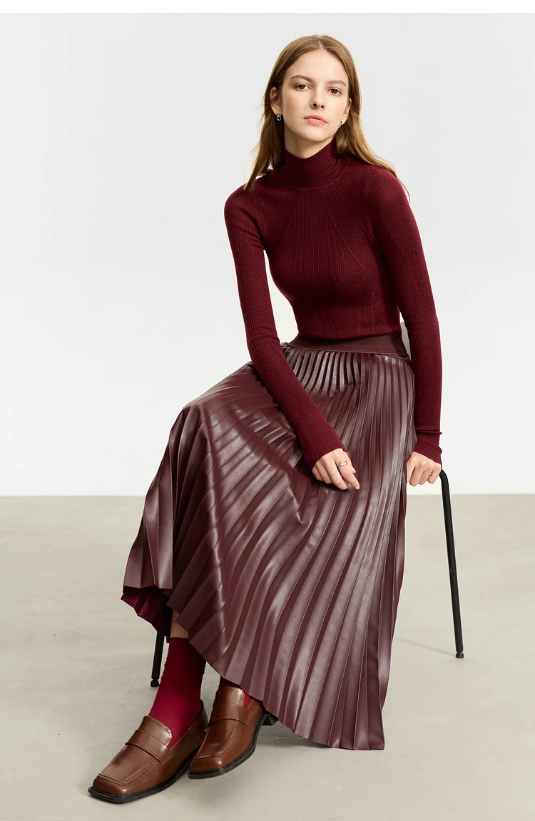 AMII Minimalist Retro Fashion Women Skirts 2024 Winter New A-line Pleated PU Simple Office Lady Leather Skirt Female 12323021
