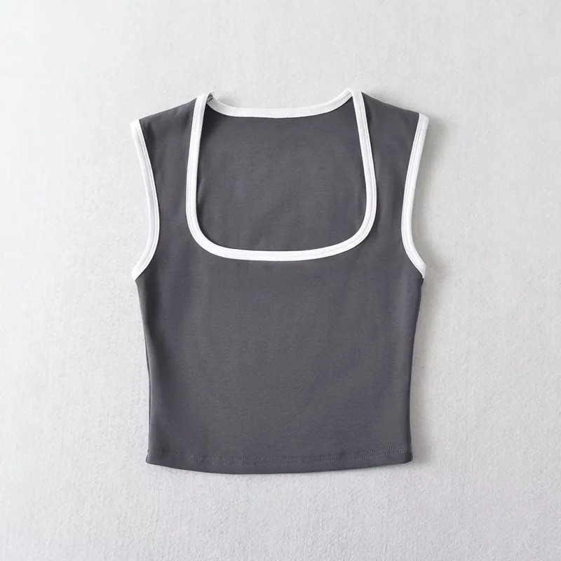 Woman Fashion Slim Solid Contrust Camis Casual Sleeveless Tanks Square Collar Crop Tops Clothing Streetwear Mujer 2024 Y2k