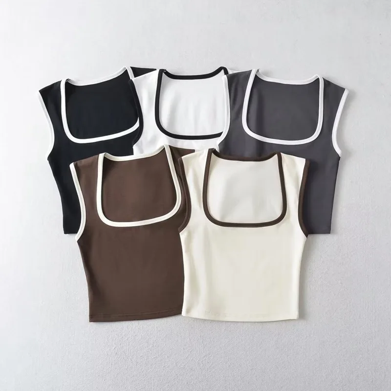 Woman Fashion Slim Solid Contrust Camis Casual Sleeveless Tanks Square Collar Crop Tops Clothing Streetwear Mujer 2024 Y2k