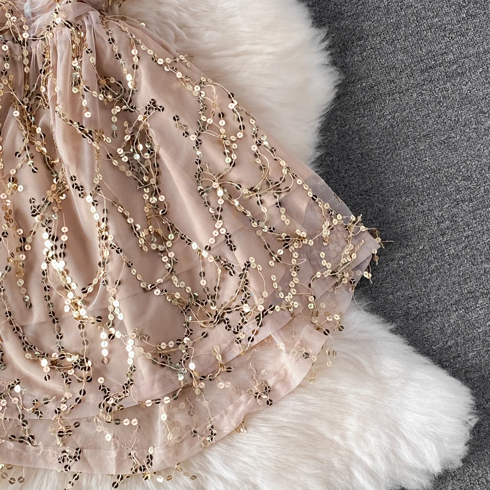 V sequined advanced evening dress sexy high waist thin sleeveless back dress summer