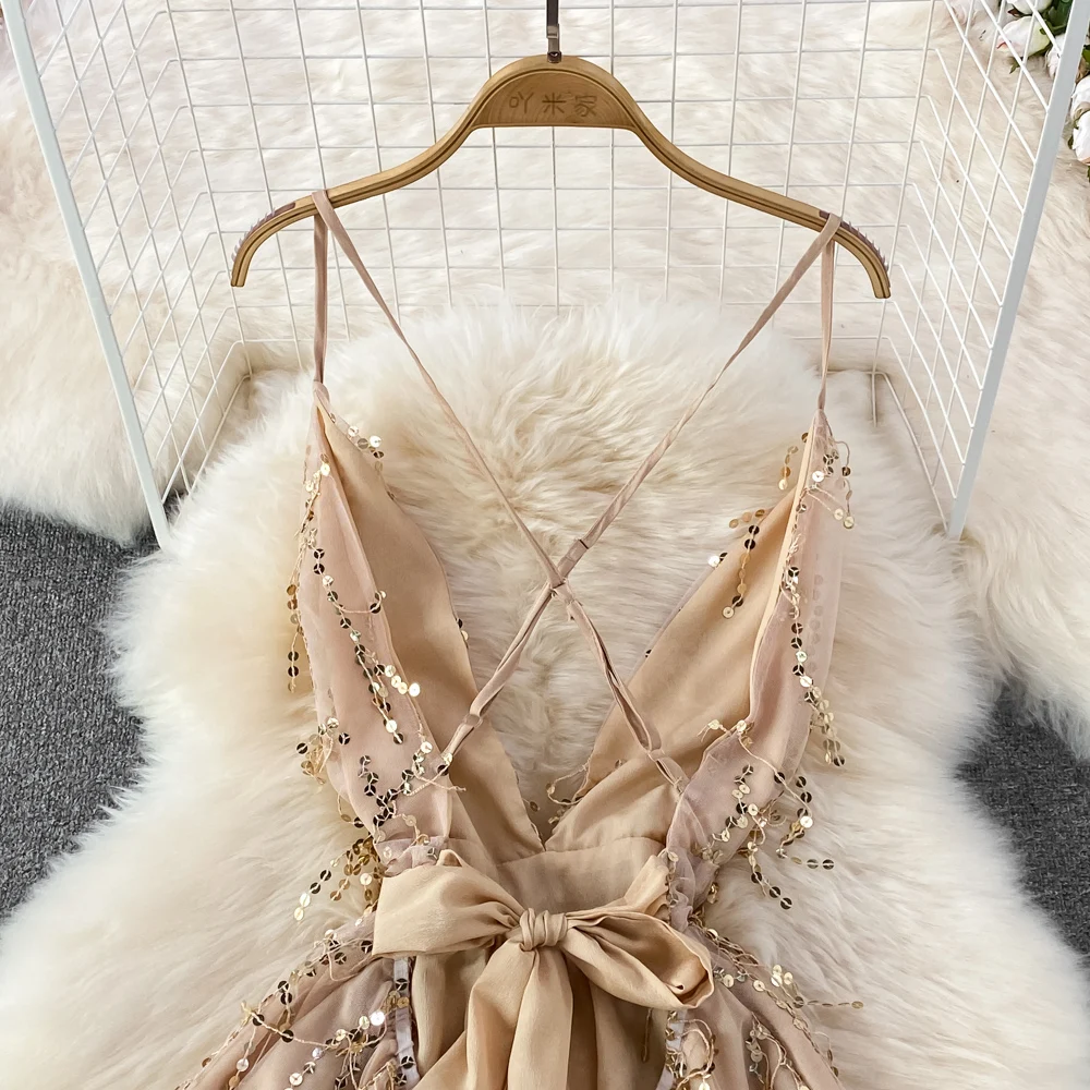V sequined advanced evening dress sexy high waist thin sleeveless back dress summer