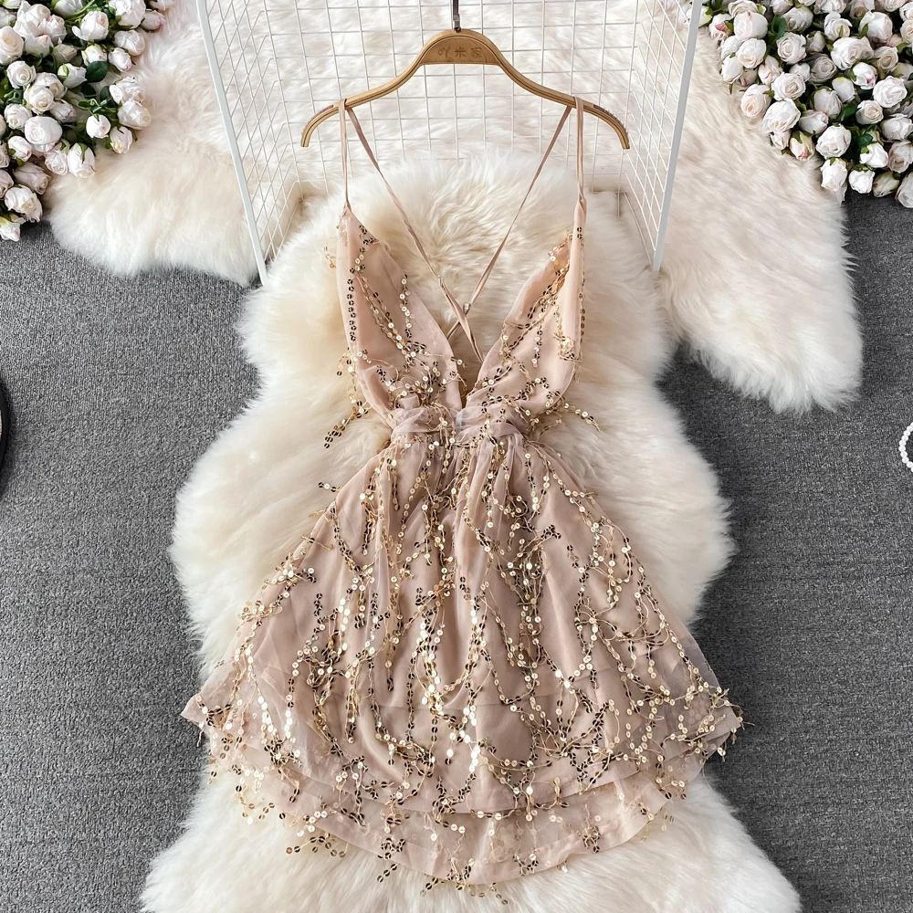 V sequined advanced evening dress sexy high waist thin sleeveless back dress summer