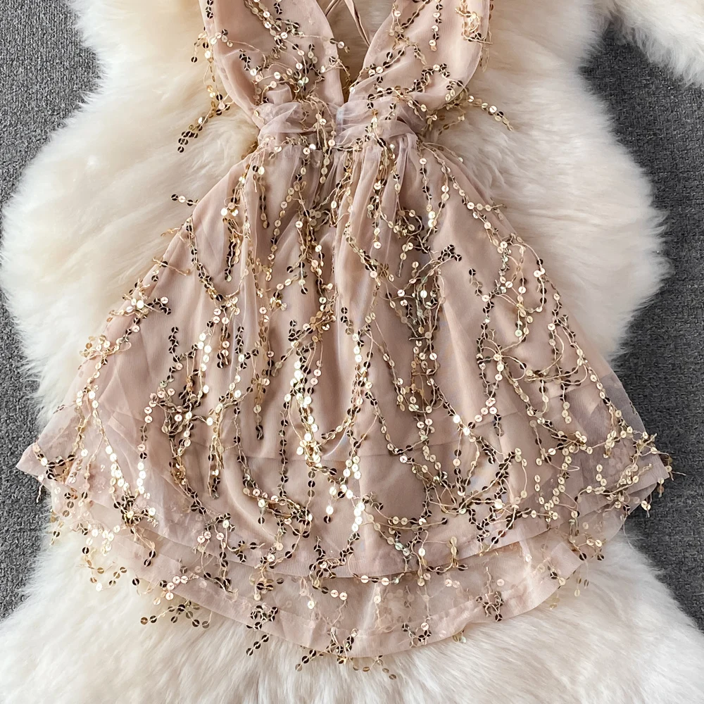 V sequined advanced evening dress sexy high waist thin sleeveless back dress summer