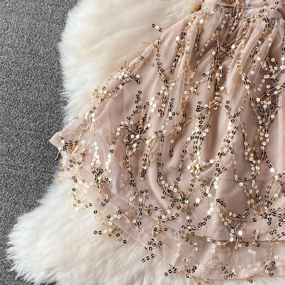 V sequined advanced evening dress sexy high waist thin sleeveless back dress summer