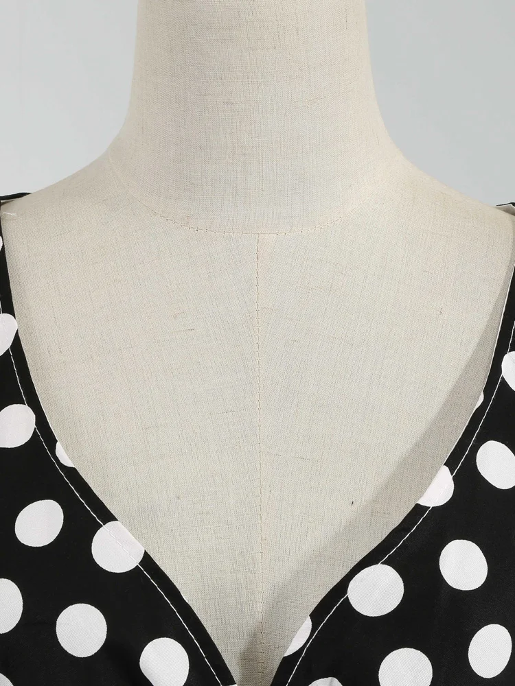 Tonval V-Neck Polka Dot Print 50s Pinup Midi Cotton Dresses for Women Half Sleeve Autumn Clothes Vintage Retro High Waist Dress