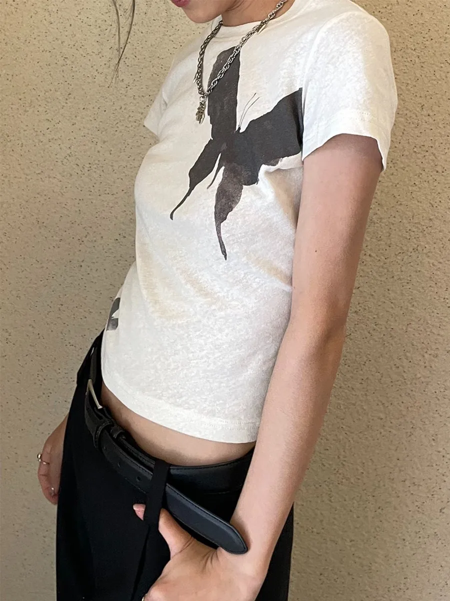 Karrram Grunge Butterfly Print T-shirts Vintage Gothic Short Sleeve Tshirt Korean Fashion Fairycore Tops Harajuku Japanese 90s