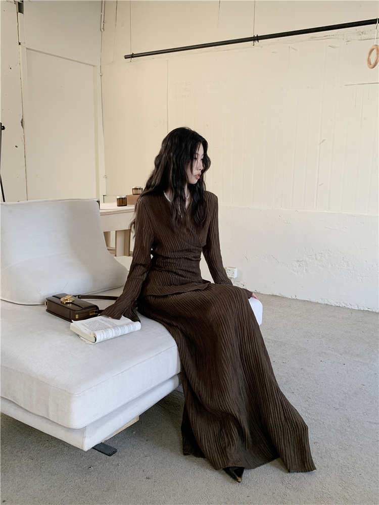 CHEERART Brown Pleate Elegant 2 Piece Sets Women Outfit V Neck Long Sleeve Cardigan Top And Maxi Skirt Set Fall Clothes