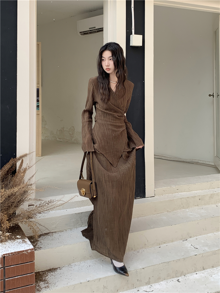 CHEERART Brown Pleate Elegant 2 Piece Sets Women Outfit V Neck Long Sleeve Cardigan Top And Maxi Skirt Set Fall Clothes