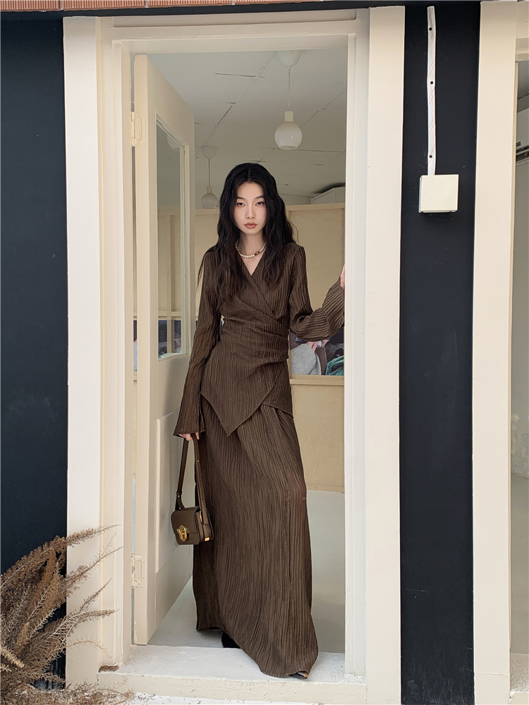 CHEERART Brown Pleate Elegant 2 Piece Sets Women Outfit V Neck Long Sleeve Cardigan Top And Maxi Skirt Set Fall Clothes