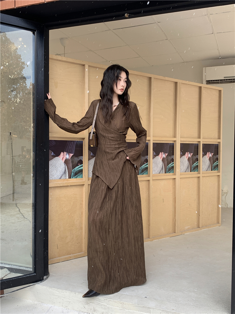 CHEERART Brown Pleate Elegant 2 Piece Sets Women Outfit V Neck Long Sleeve Cardigan Top And Maxi Skirt Set Fall Clothes