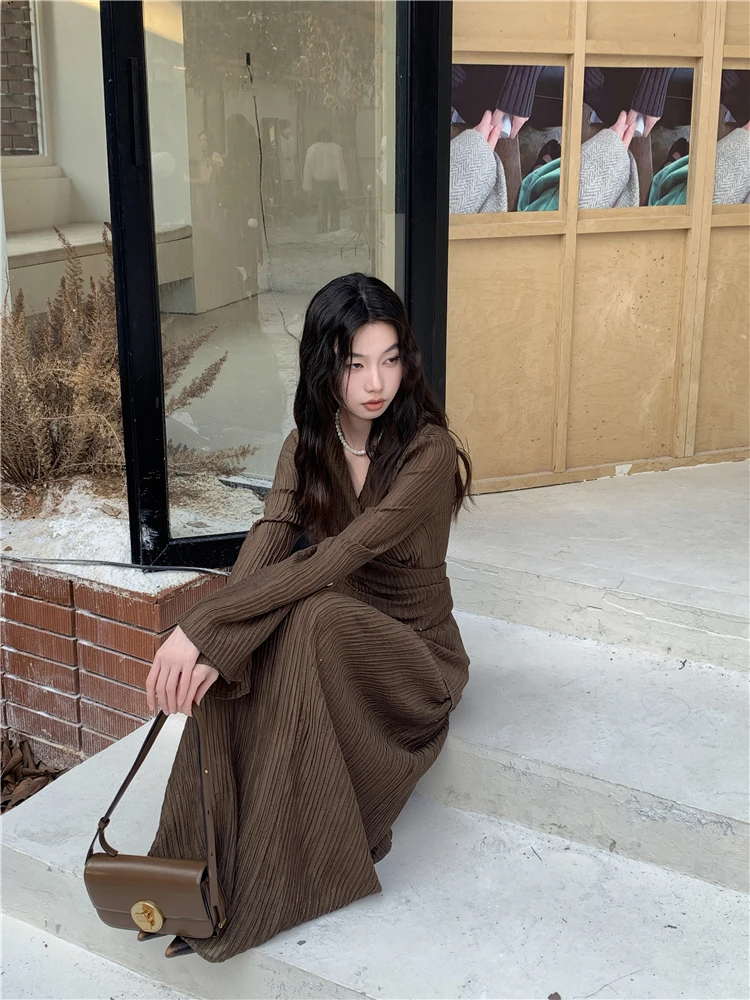 CHEERART Brown Pleate Elegant 2 Piece Sets Women Outfit V Neck Long Sleeve Cardigan Top And Maxi Skirt Set Fall Clothes