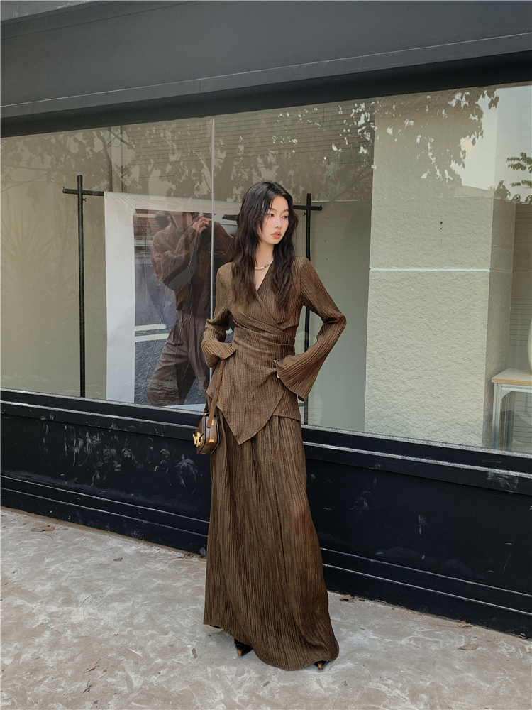 CHEERART Brown Pleate Elegant 2 Piece Sets Women Outfit V Neck Long Sleeve Cardigan Top And Maxi Skirt Set Fall Clothes