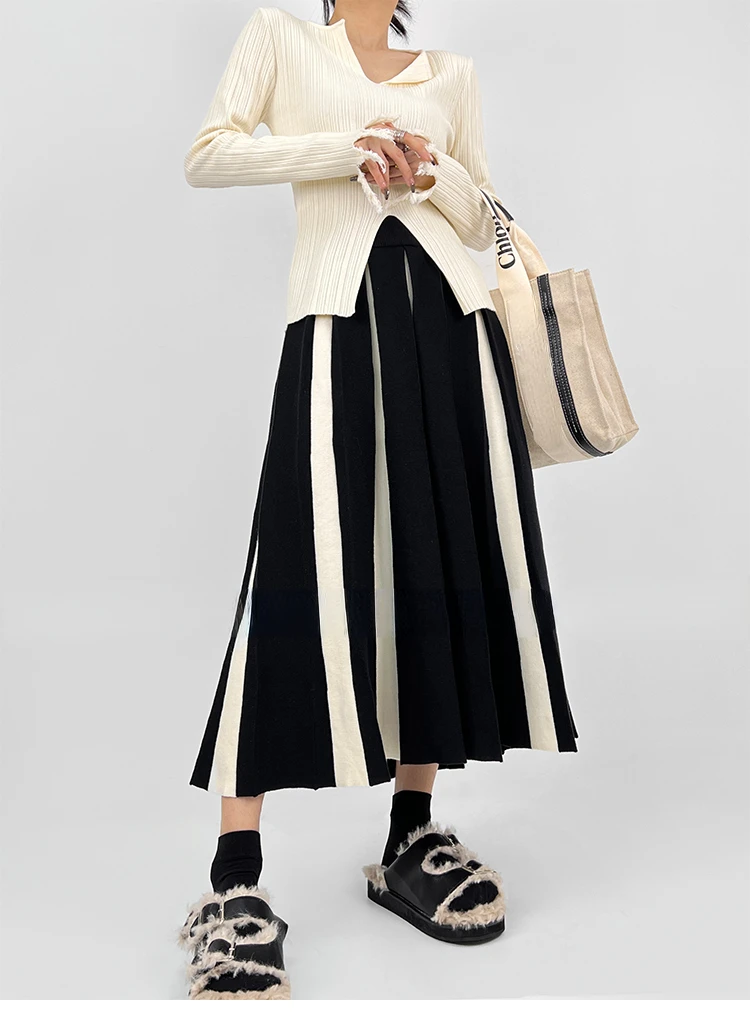 Autumn Winter Women's Skirts Elegant Fashion Knitted A-LINE Skirt Office Lady Black White Long Skirts for Women Fashion 2025