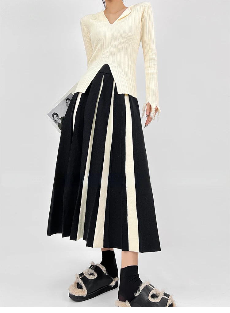 Autumn Winter Women's Skirts Elegant Fashion Knitted A-LINE Skirt Office Lady Black White Long Skirts for Women Fashion 2025