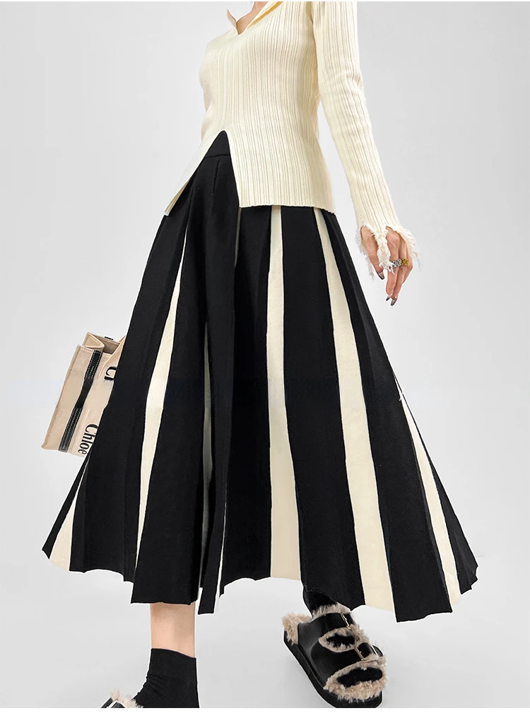 Autumn Winter Women's Skirts Elegant Fashion Knitted A-LINE Skirt Office Lady Black White Long Skirts for Women Fashion 2025