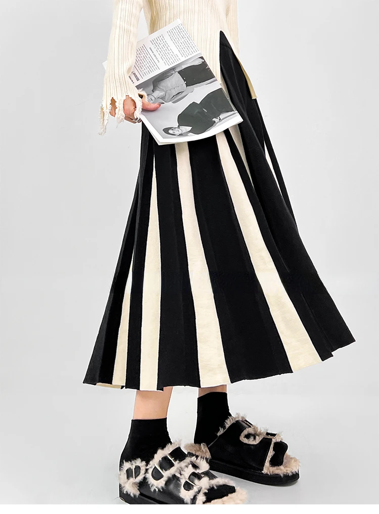 Autumn Winter Women's Skirts Elegant Fashion Knitted A-LINE Skirt Office Lady Black White Long Skirts for Women Fashion 2025