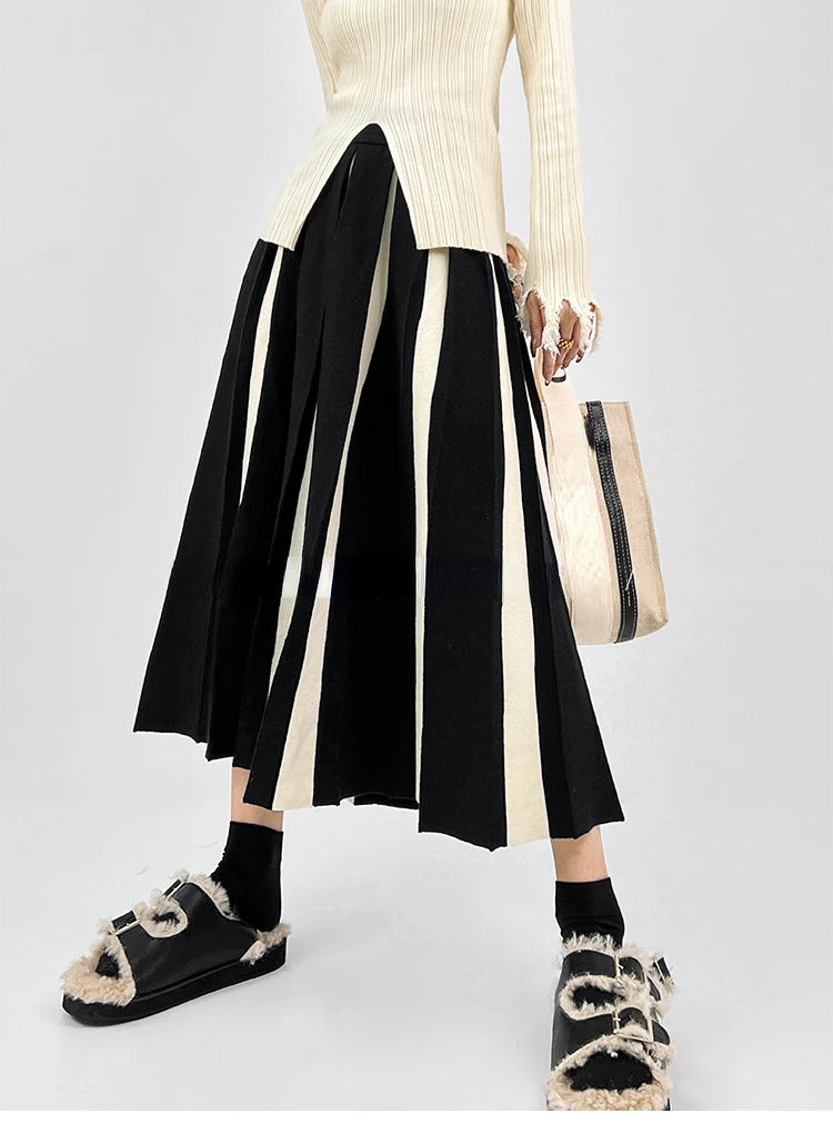 Autumn Winter Women's Skirts Elegant Fashion Knitted A-LINE Skirt Office Lady Black White Long Skirts for Women Fashion 2025