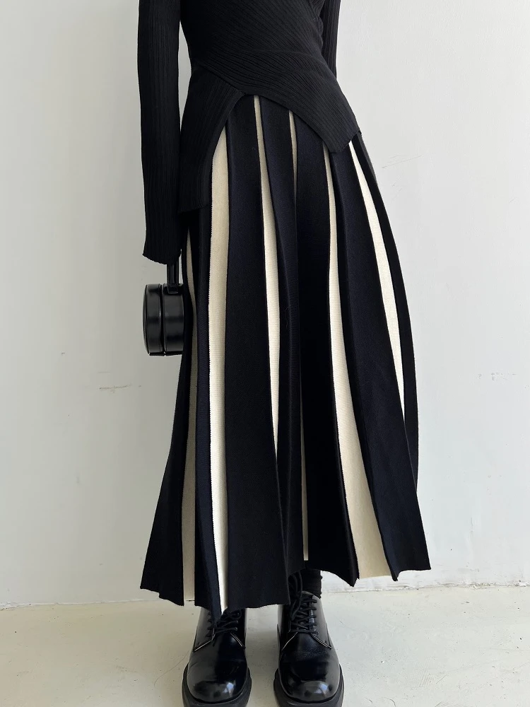 Autumn Winter Women's Skirts Elegant Fashion Knitted A-LINE Skirt Office Lady Black White Long Skirts for Women Fashion 2025