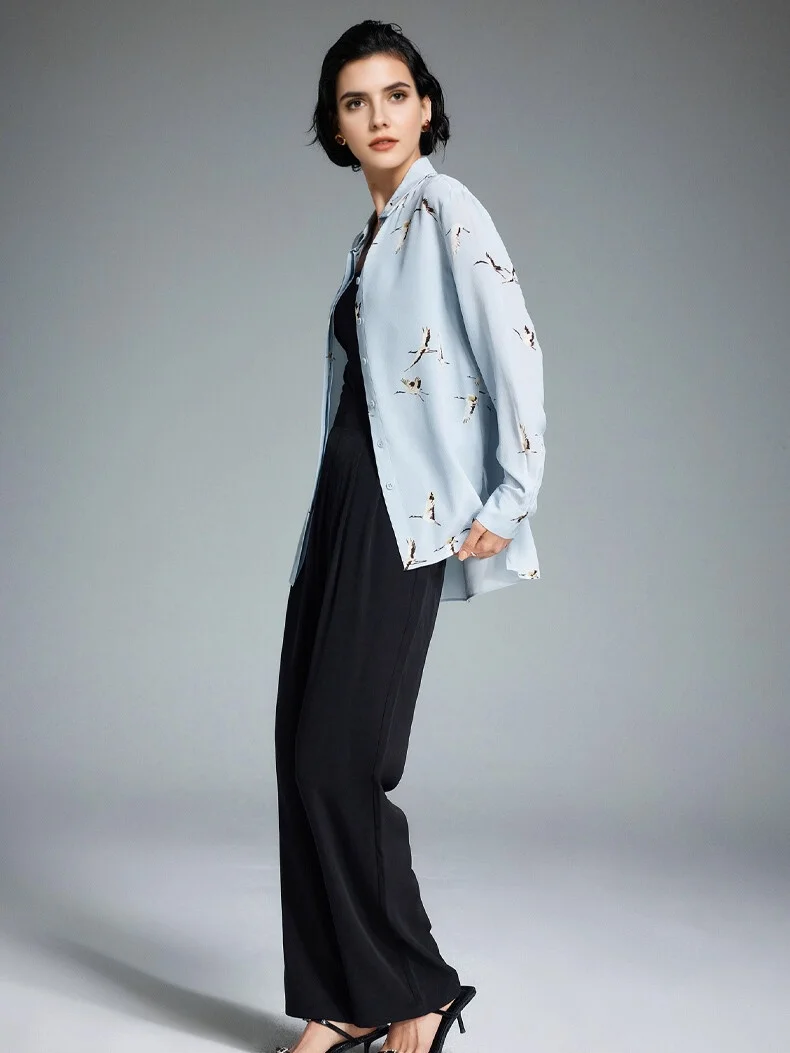 SuyaDream, Woman Printed Shirts, 100% Silk Crepe De Chine, Turn Down Collar, Light Blue Blouses, 2025 Spring Summer Top