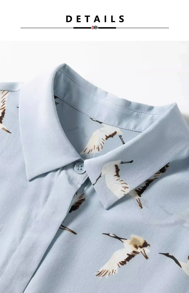 SuyaDream, Woman Printed Shirts, 100% Silk Crepe De Chine, Turn Down Collar, Light Blue Blouses, 2025 Spring Summer Top