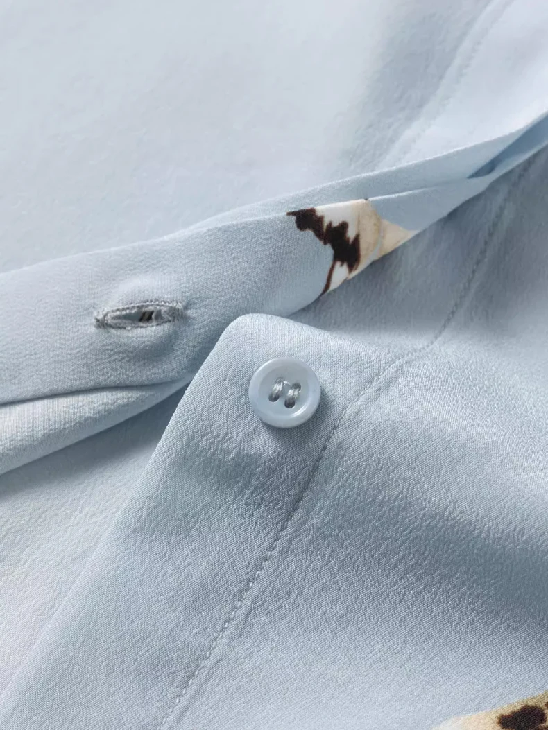 SuyaDream, Woman Printed Shirts, 100% Silk Crepe De Chine, Turn Down Collar, Light Blue Blouses, 2025 Spring Summer Top