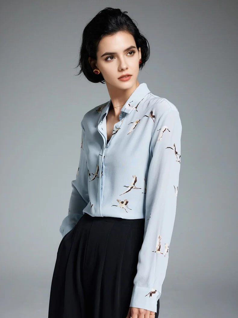 SuyaDream, Woman Printed Shirts, 100% Silk Crepe De Chine, Turn Down Collar, Light Blue Blouses, 2025 Spring Summer Top