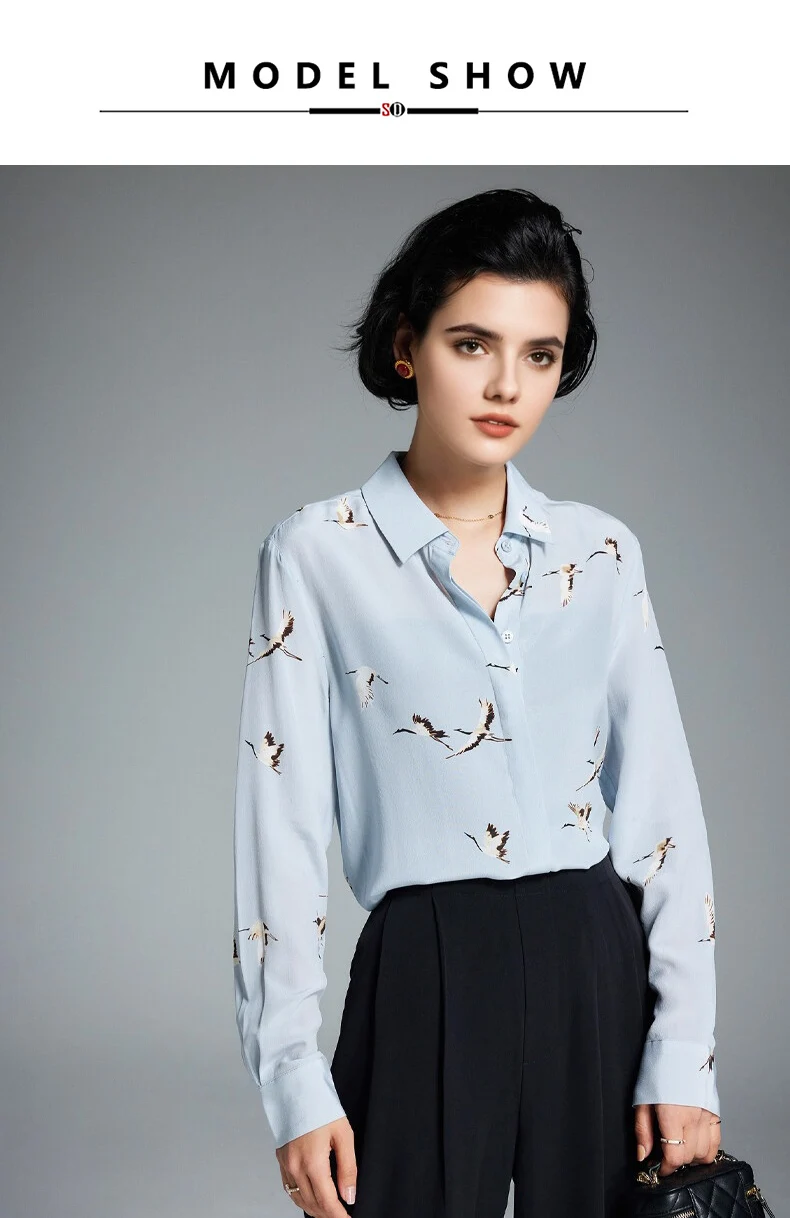 SuyaDream, Woman Printed Shirts, 100% Silk Crepe De Chine, Turn Down Collar, Light Blue Blouses, 2025 Spring Summer Top